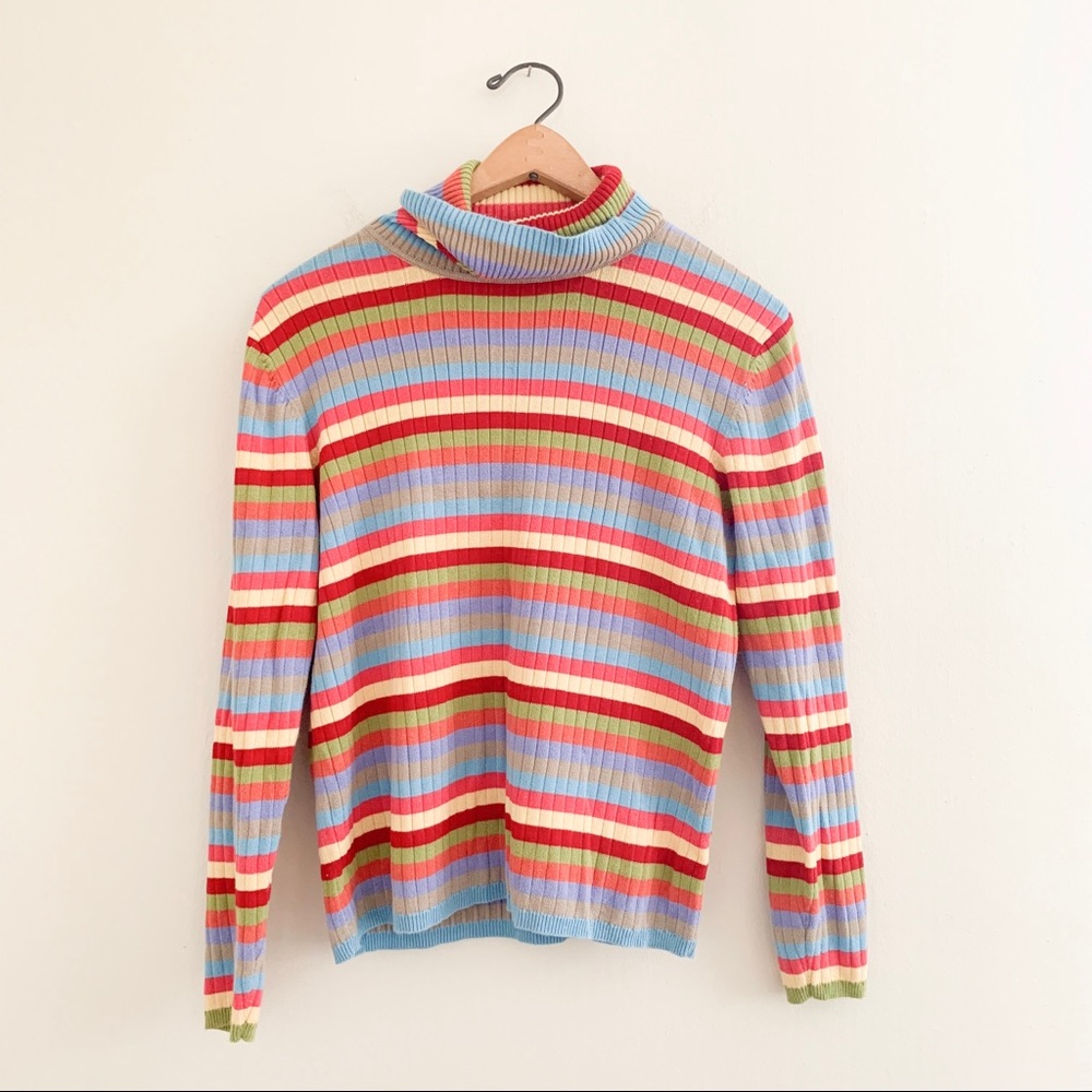 Y2k Talbots Multi Colored Ribbed Stripe Turtleneck